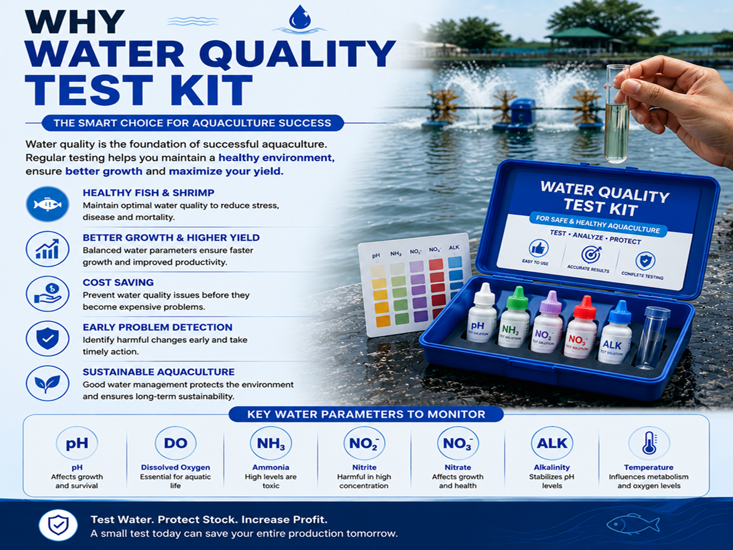 Water quality test kit for aquaculture farms to monitor pH, ammonia, nitrite, nitrate, alkalinity, and oxygen levels.