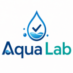 AquaLab logo featuring a blue water droplet icon with a check mark and wave design above the brand name "AquaLab" in blue and teal colors.