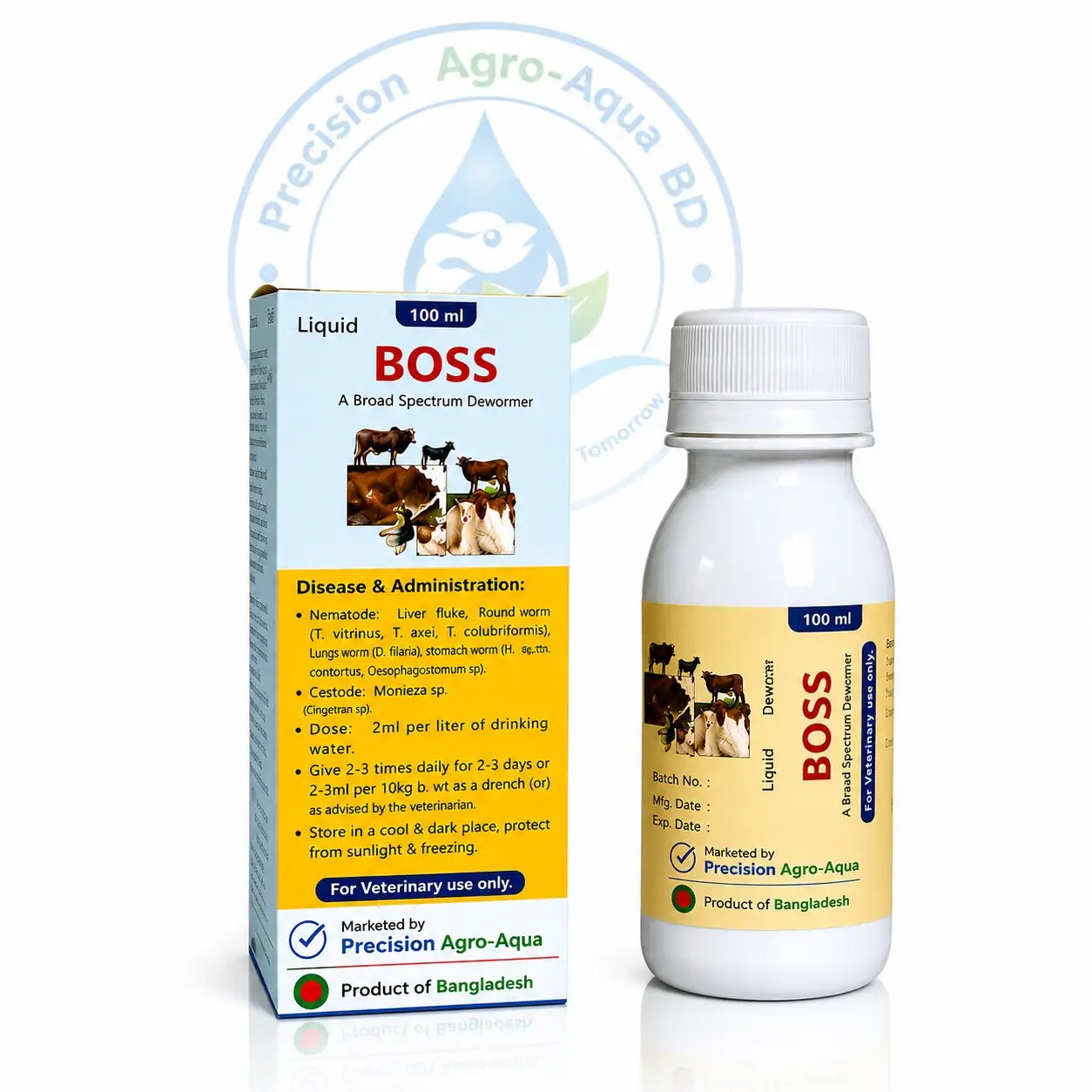 100 ml BOSS broad spectrum dewormer liquid bottle and box by Precision Agro-Aqua BD for veterinary use, designed for controlling nematode and cestode worm infections in livestock.