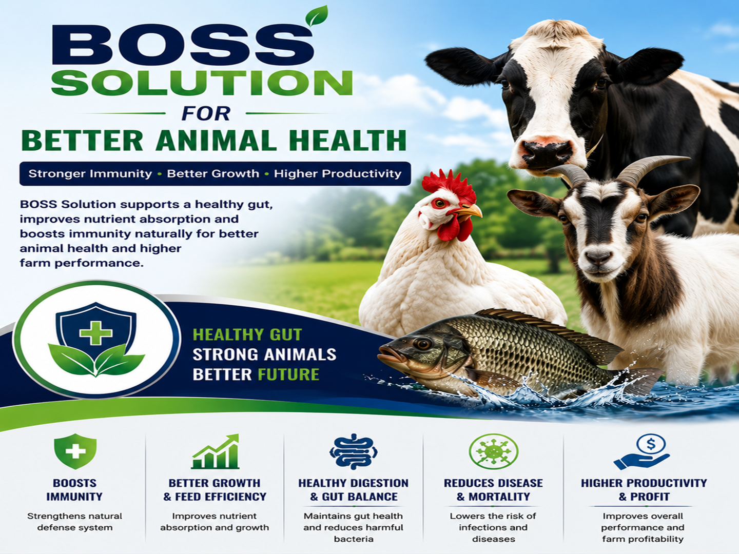 BOSS Solution for better animal health showing cattle, goat, poultry, and fish with benefits of stronger immunity and growth