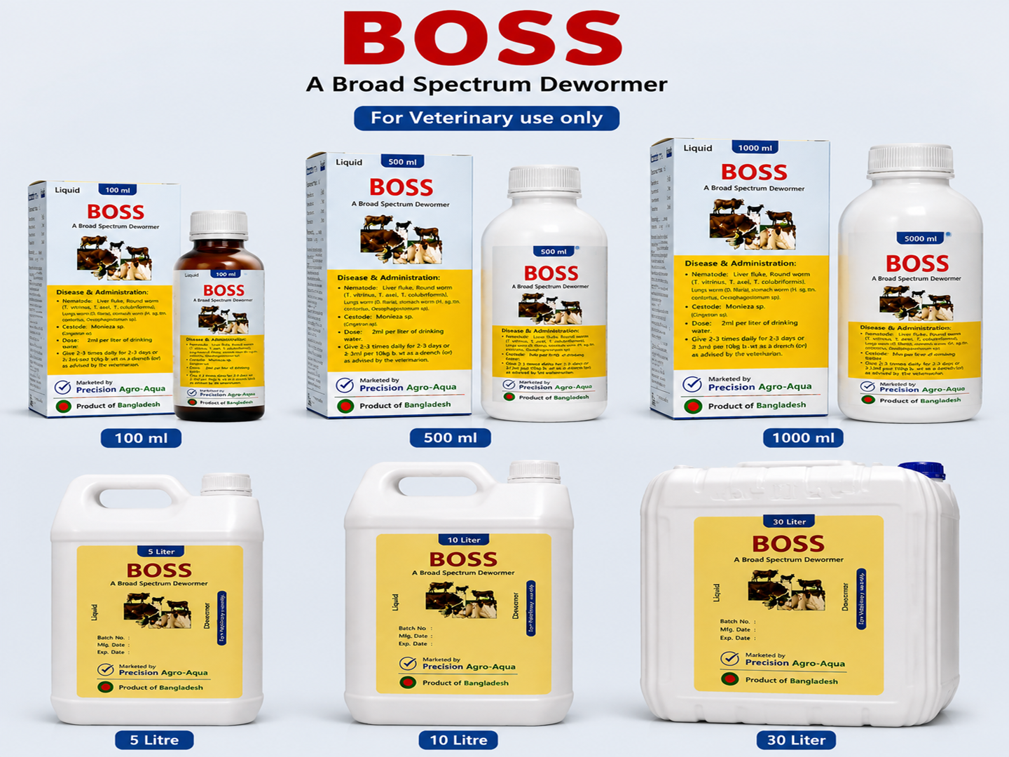 BOSS broad spectrum dewormer liquid available in different pack sizes for veterinary animal health use