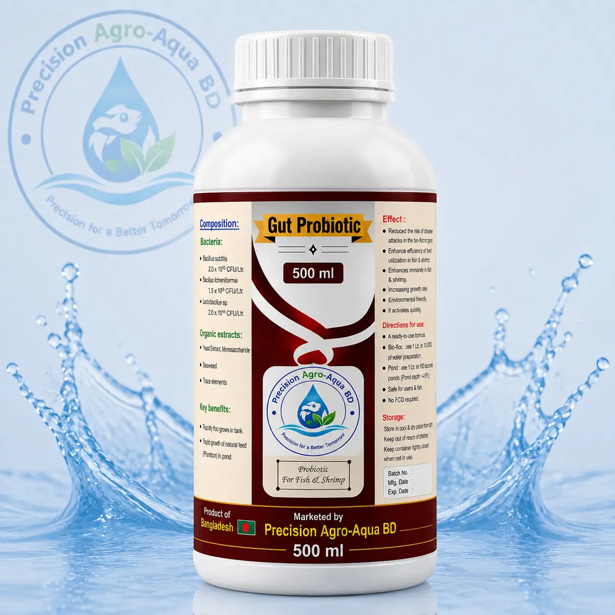 500 ml Gut Probiotic bottle by Precision Agro-Aqua BD for fish and shrimp farming, containing beneficial bacteria such as Bacillus subtilis, Bacillus licheniformis, and Lactobacillus to support aquaculture health.
