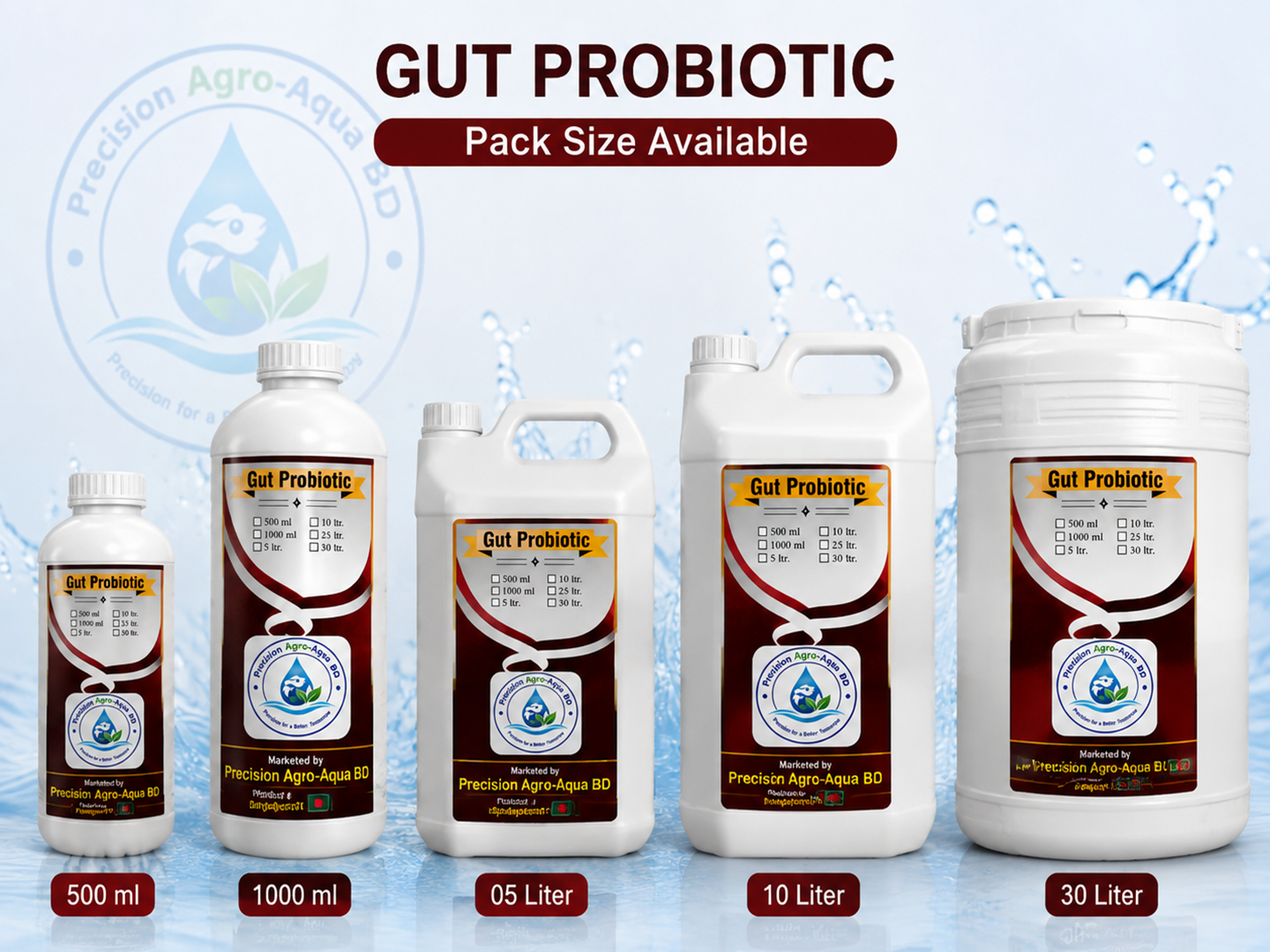Gut Probiotic pack sizes including 500ml, 1 liter, 5 liter, 10 liter, and 30 liter bottles for aquaculture health management