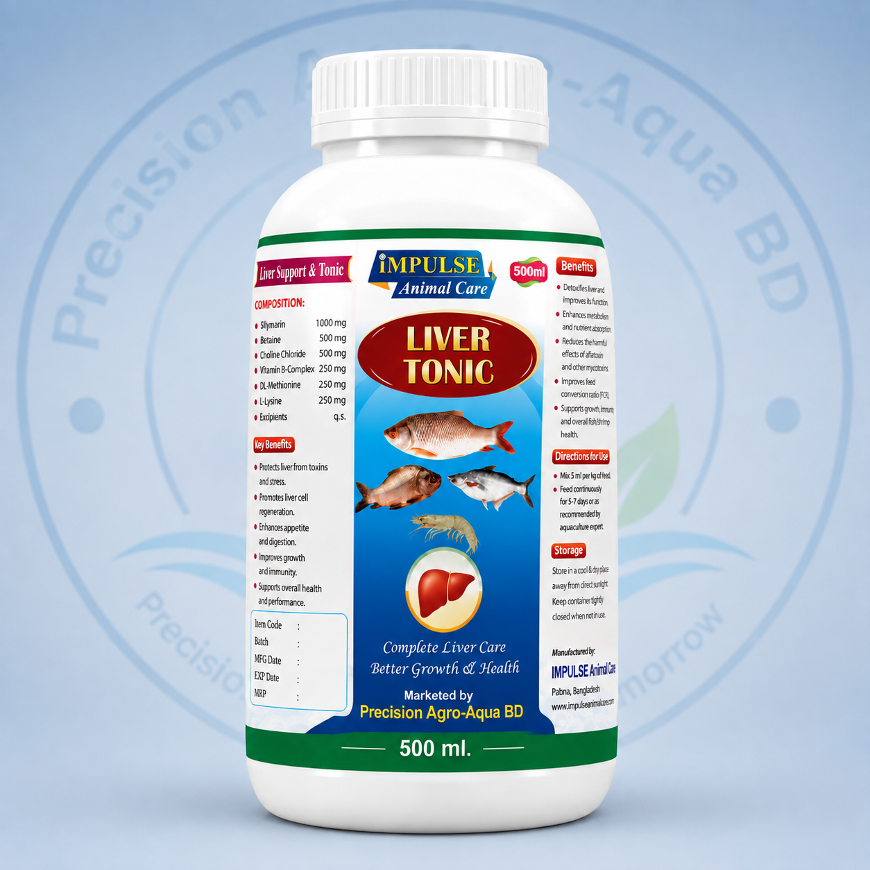 500 ml Liver Tonic bottle by Precision Agro-Aqua BD for fish and shrimp farming, designed to support liver function, immunity, growth, and overall aquatic animal health.