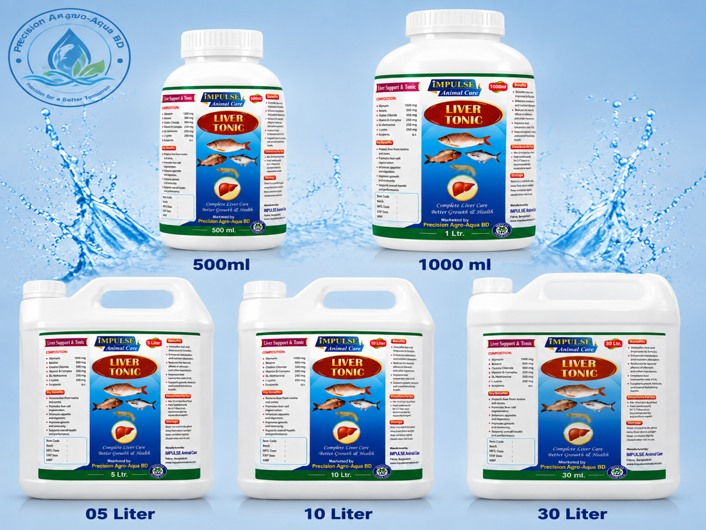 Liver Tonic supplement bottles for fish health and improved liver function in aquaculture farming
