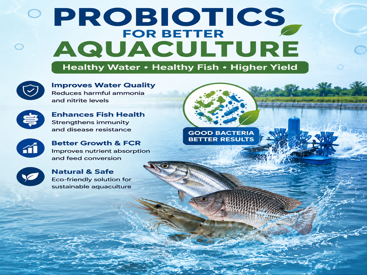 Probiotics for better aquaculture showing healthy fish, shrimp, and improved water quality management