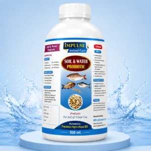 Soil & Water Probiotic 500ml bottle with blue packaging design for aquaculture pond water quality management, ammonia control, and fish health support.