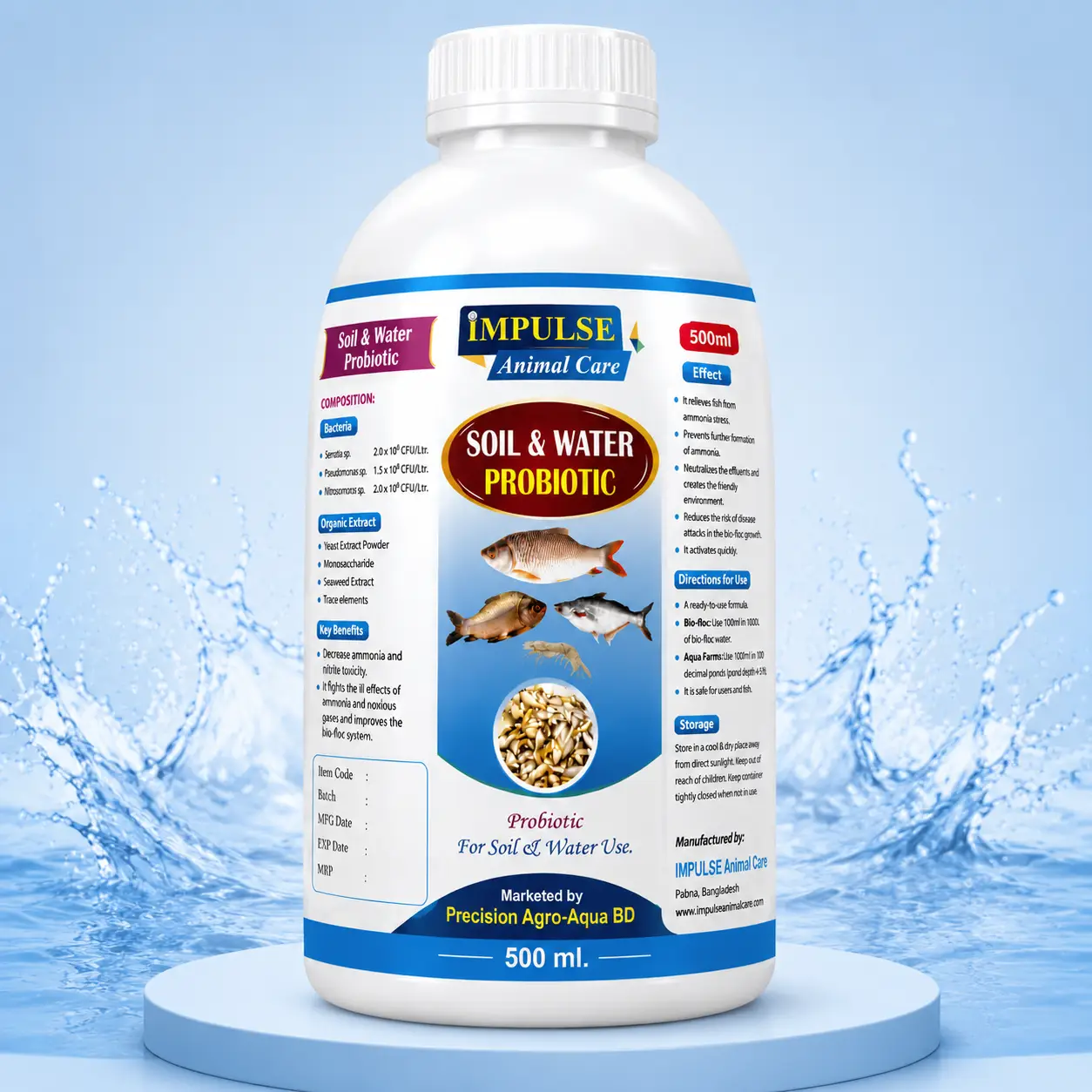 Soil & Water Probiotic 500ml bottle with blue packaging design for aquaculture pond water quality management, ammonia control, and fish health support.